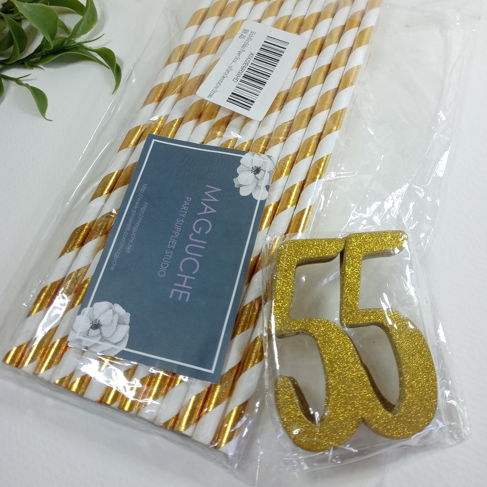55th Birthday Paper Straw Decor, 24-Pack Real Gold Glitter Cut-Out Number 55